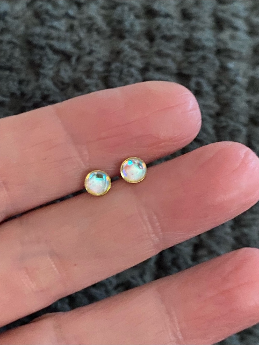 Gold Opal Stud Earrings - Iridescent White Gem